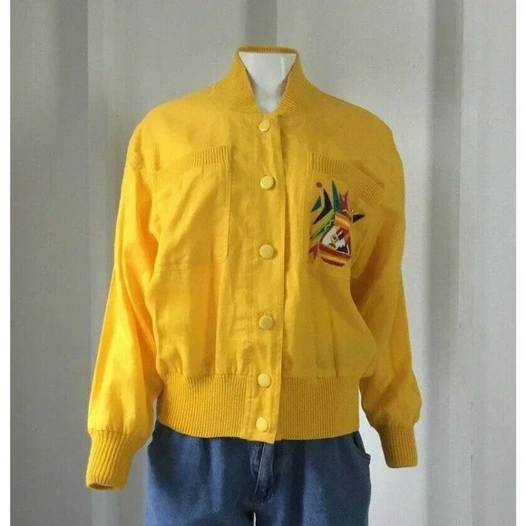 Vintage Floral Embroidered Jacket L Yellow Art to Wear Southwestern Flower - Picture 2 of 10